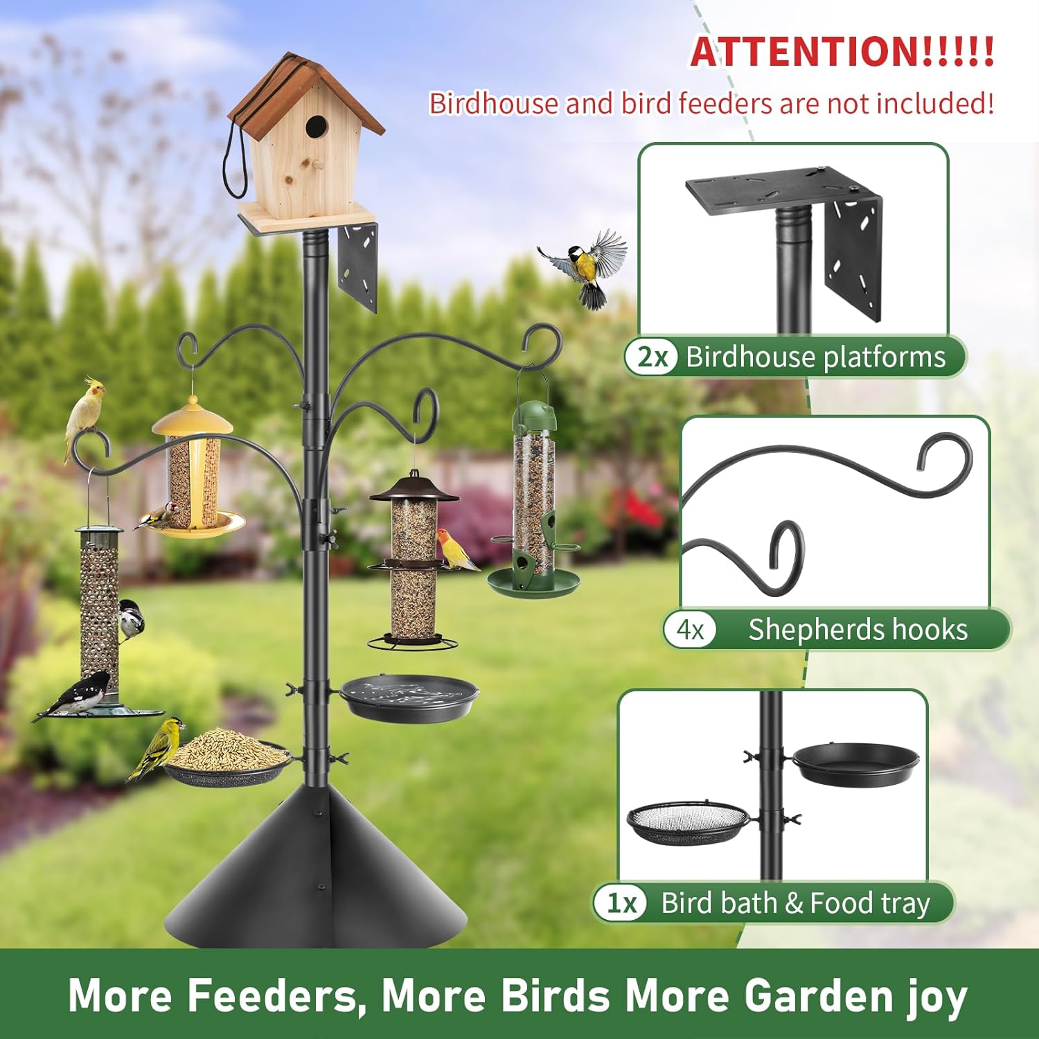 KOLAKO Bird Feeder Pole, 92 inch Squirrel Proof Adjustable Bird House Stand, Heavy Duty Metal Bird Feeder Hanger, Garden Shepherd Hooks with Baffle for Outdoor, Black