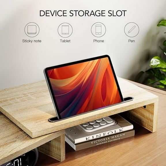 Dual Monitor Stand Riser- 3 Shelf Screen Stand with Adjustable Length and Angle, 2 Extra Functional Slot Desktop Organizer Stand for PC, Computer, Laptop (Light Wood)