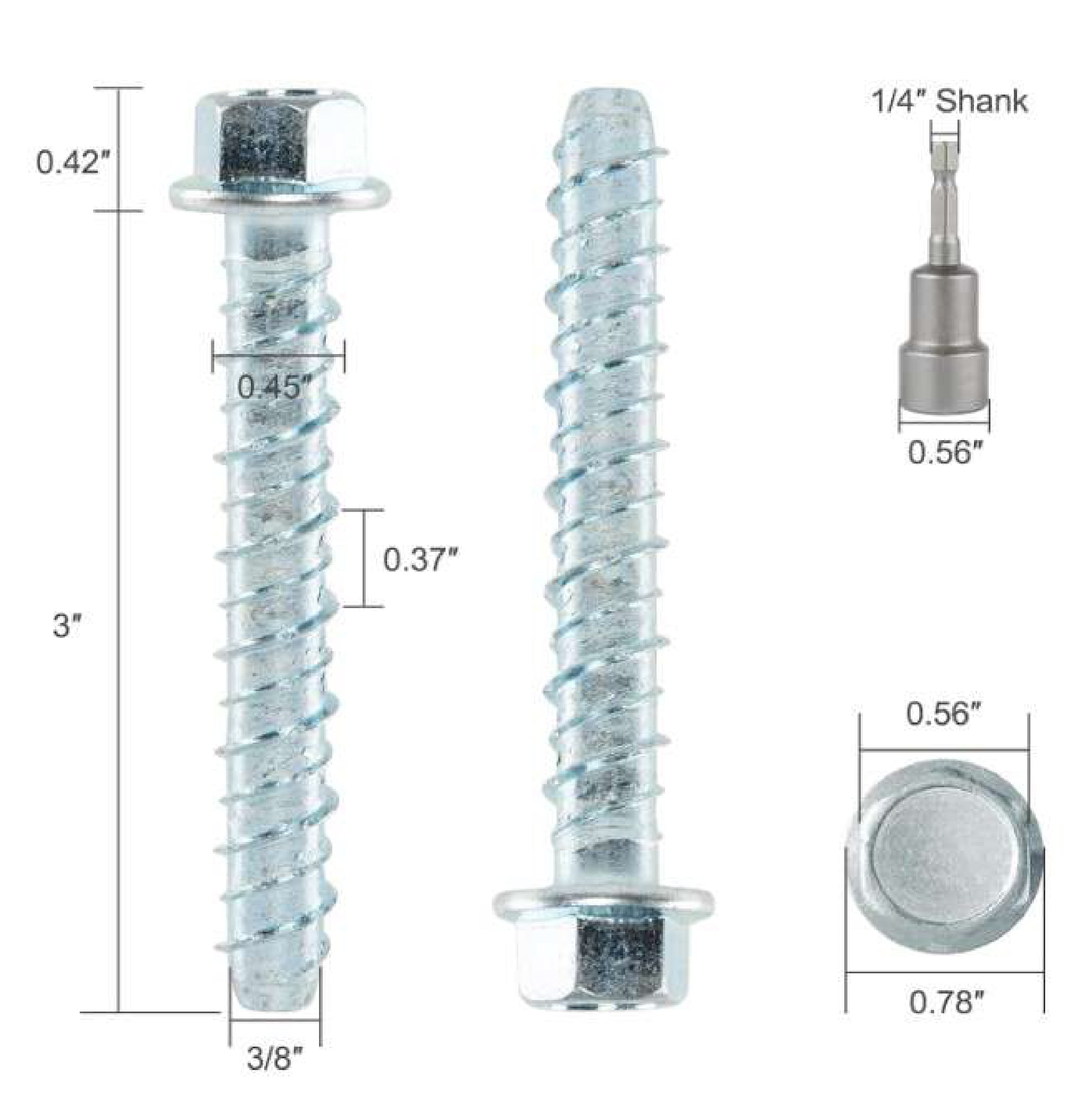 3/8" x 3" Heavy Duty Concrete Anchor Bolts Screws (24 PACK) Zinc Plated for Masonry, Cement, Bricks, or Blocks