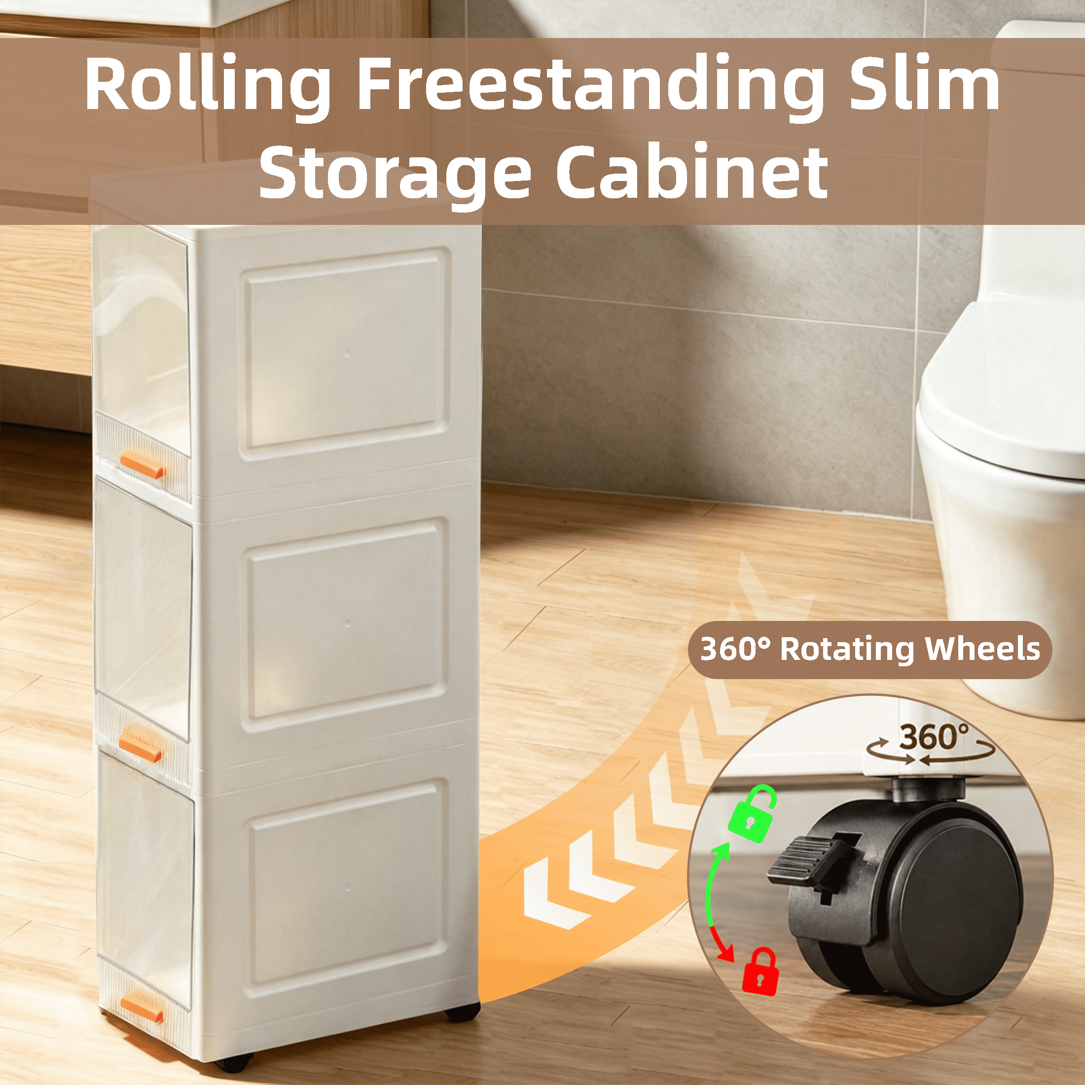 3 Tier Slim Rolling Storage Cabinet, Narrow Plastic Storage Organizer with Flip-Up Doors & Lockable Wheels, Freestanding Thin Storage Cart for Bathroom, Kitchen, Gap Between Refrigerator
