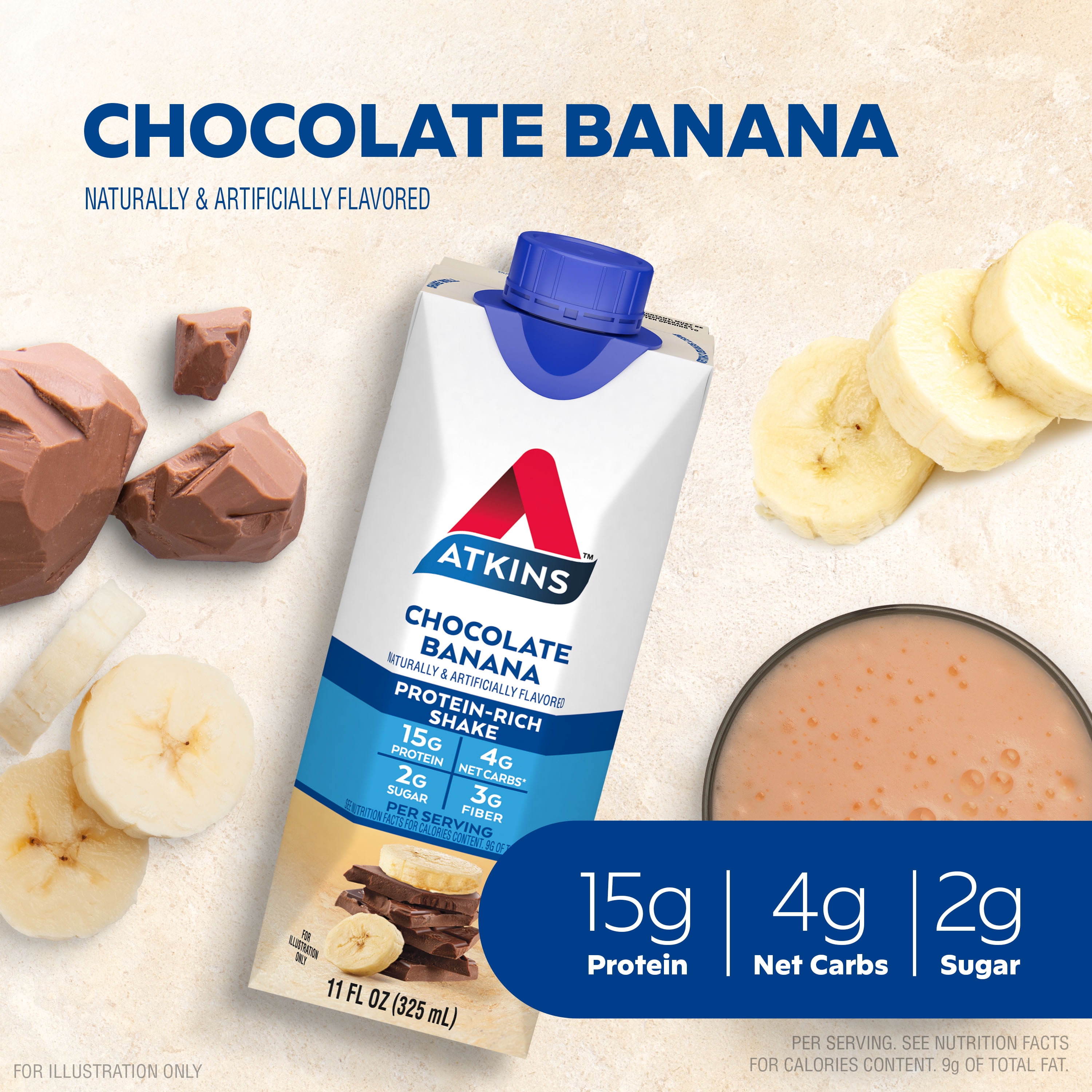 (3 pack) Atkins Chocolate Banana Protein Shake, High Protein, Low Glycemic, Low Carb, Low Sugar, Keto Friendly, 4 Count