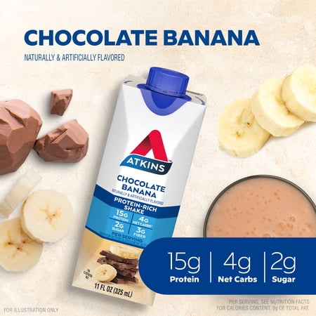ATKINS CHOCOLATE BANANA PROTEIN SHAKE, HIGH PROTEIN, LOW GLYCEMIC, LOW CARB, LOW SUGAR, KETO FRIENDLY, 4 COUNT