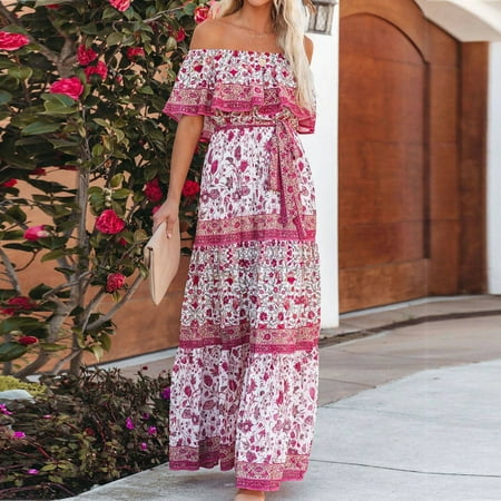 Summer Savings Clearance MIANHT Dresses for Women  Plus Size Dresses  Strapless Bandeau Elasticity For Women Summer Printing Tube Tops Casual Sexy Off Shoulder Holiday Dress Beach Dress