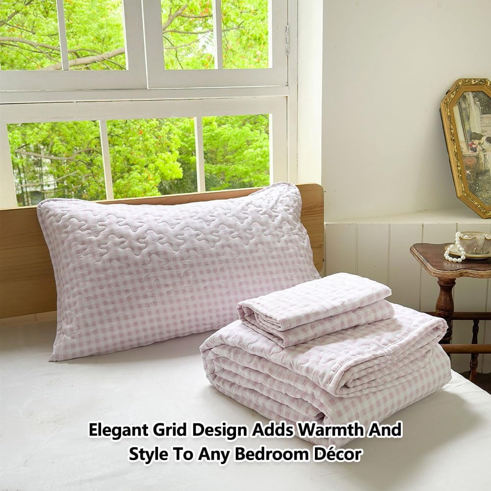 Pink Gingham Queen Quilt Set, Soft Pre-Washed Microfiber Plaid Queen Bedspread, Lightweight Checked Summer Quilt, Grid Bedding Coverlets for All Seasons (Includes 1 Quilt, 2 Pillow Shams)