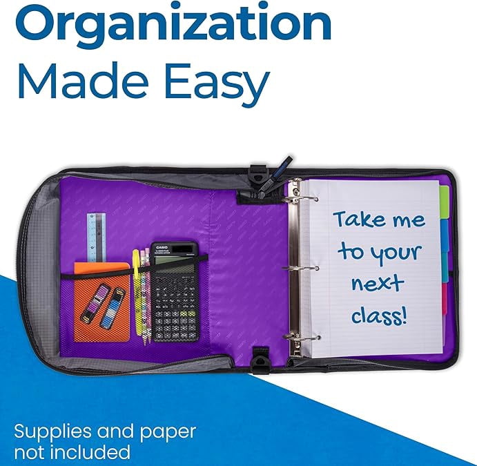 Case-it The Universal Zipper Binder - 2 Inch O-Rings - Padded Pocket That Holds up to 13 Inch Laptop/Tablet - Multiple Pockets - 400 Page Capacity - Comes with Shoulder Strap - Deep Purple LT-007