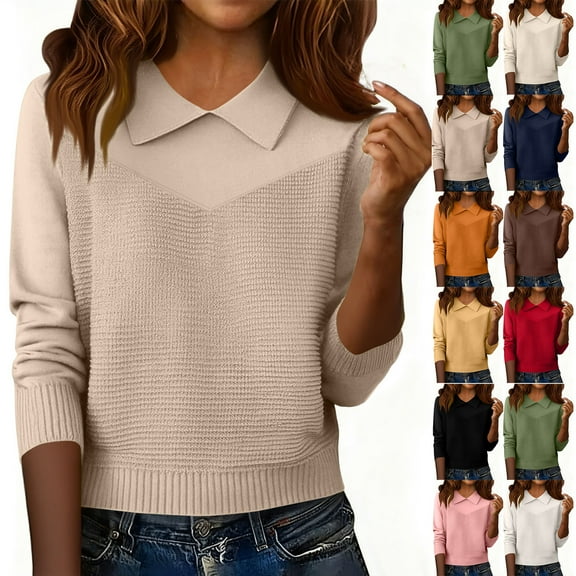 Women's Knit Top Long Sleeve Polo Neck Sweater Casual Basic Loose Fall Pullover with Ribbed Hem 2025 Saffron 2XL