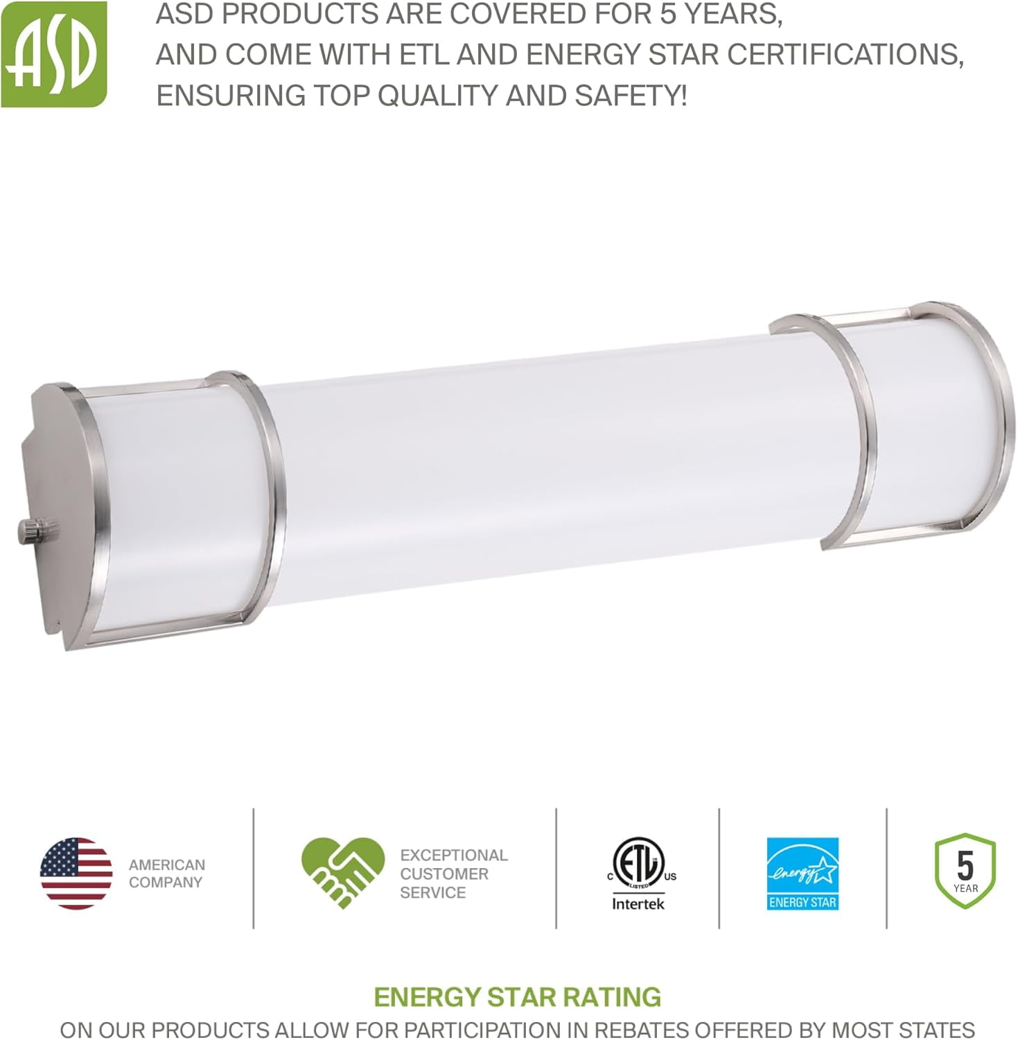 ASD LED 18 Inch Flush Mount Vanity Lighting Fixture | 20W 1650LM 3000K-5000K 120V | 3CCT, Dimmable, Energy Star, ETL Listed | Bathroom Linear Wall Light Bar, Long Tube Bath Sconce | Nickel, 4 Pack