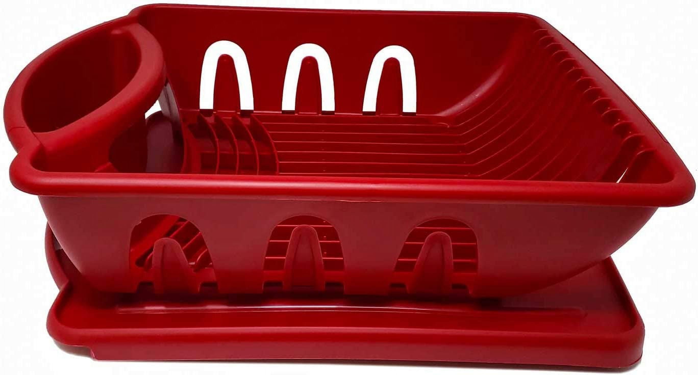 Sturdy Hard Plastic Red Sink Set Dish Rack with Drainer & Drainboard, Easy to Clean with Snap Lock Tab Cup Holders for Home Kitchen Sink Organizer (Red, Medium)
