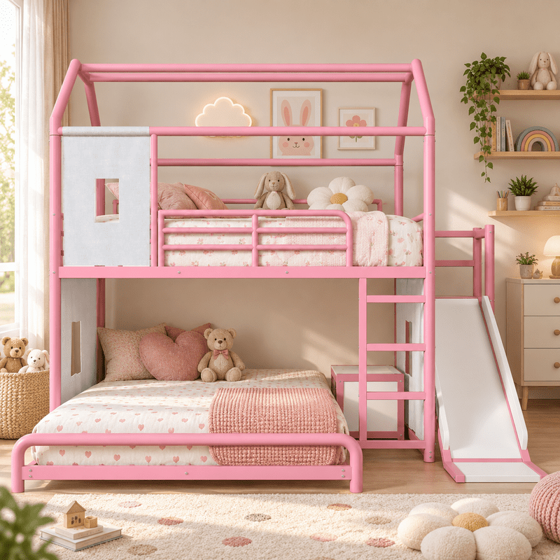 Full Over Full Metal Bunk Bed with Slide, Ladder, LED Light, Privacy Curtain and Movable Storage Cabinet, House-Shaped Kids Bunk Bed with Hanging Rod, No Box Spring Required