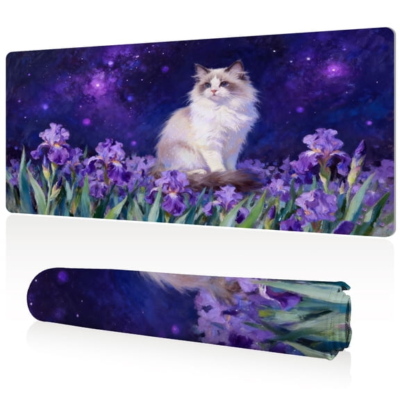 LIVEKEY Ultra Large Gaming Mouse Pad 80x40x0.3cm Full Desk Coverage with Fluffy Cat and Purple Iris Art Durable Easy Clean Non Slip Sewn Edges