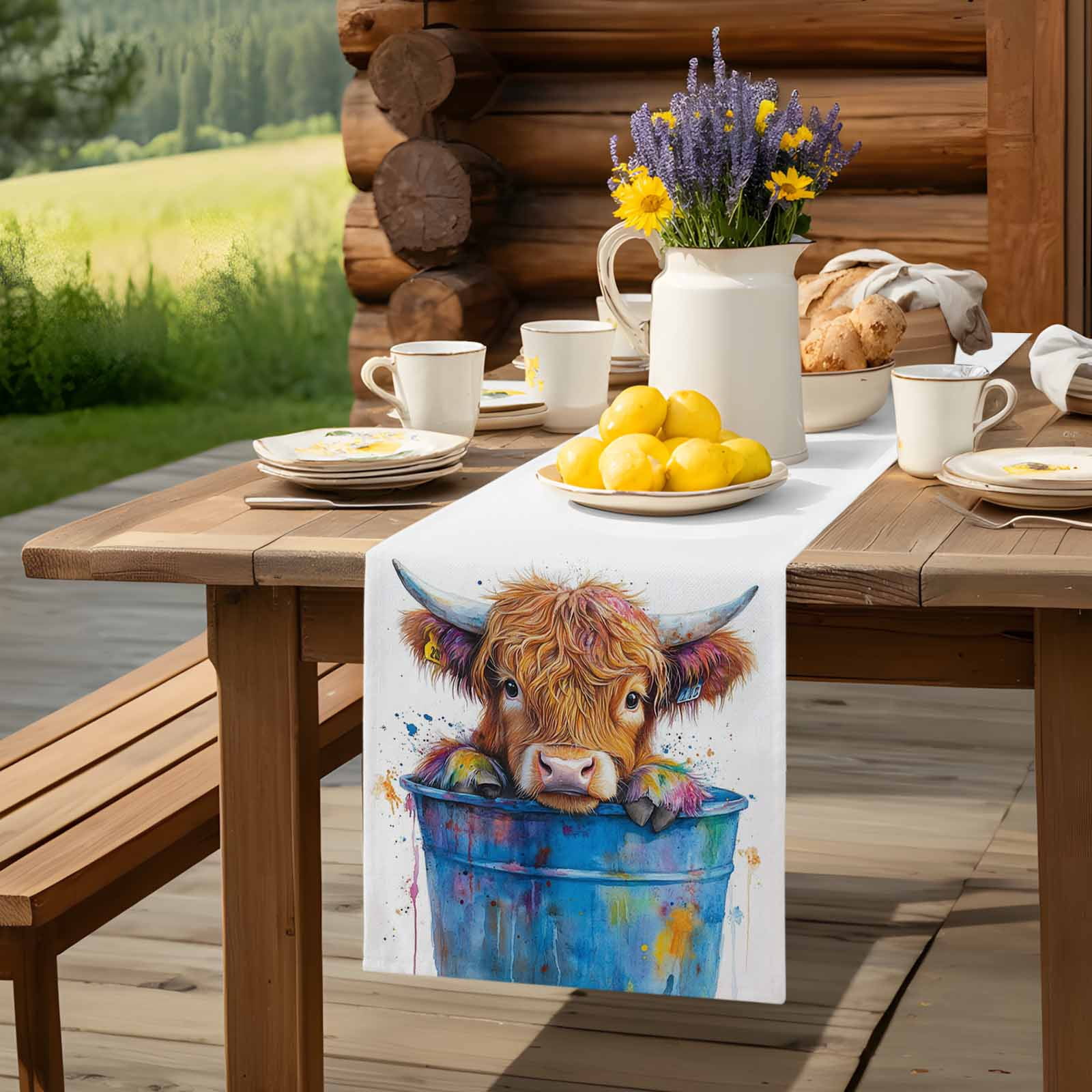 Farm Yak in Blue Bucket Table Runner 90 Inches Long, Abstract Farmhouse Animal Table Runners Tabletop Scarf Kitchen Dining Tables Decoration for Home Party Indoor Outdoor
