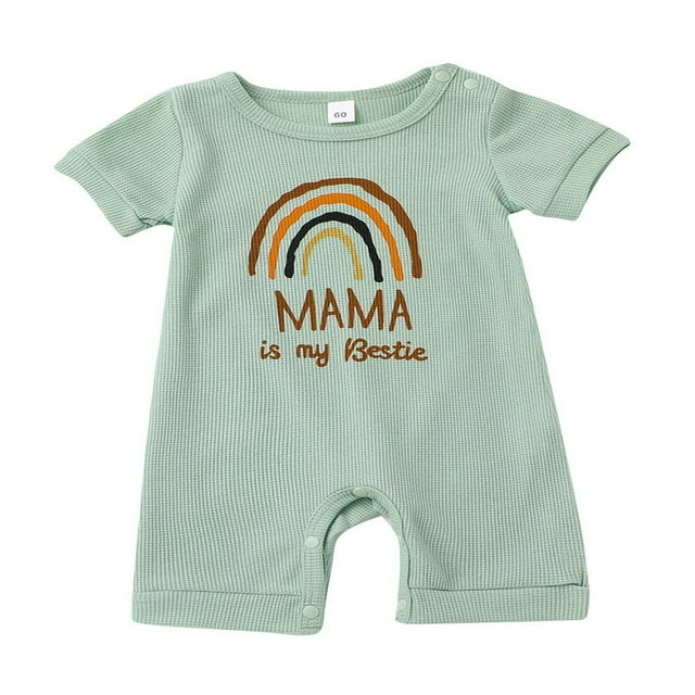 Baby Romper Letter Rainbow Print Crew Neck Short Sleeves Breathable with Bottom Snaps Jumpsuit