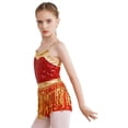 thumbnail image 4 of YiZYiF Kids Girls Sequin Fringe Boyleg Jumpsuit Adjustable Straps Shiny Metallic Latin Dance Cha-cha Dance Leotard Red 14, 4 of 7