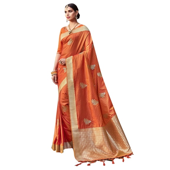 Sarees for Women Cotton Art Silk Woven Saree ||Ethnic Traditional Indian Wedding Gift Sari with Unstitched Blouse Orange