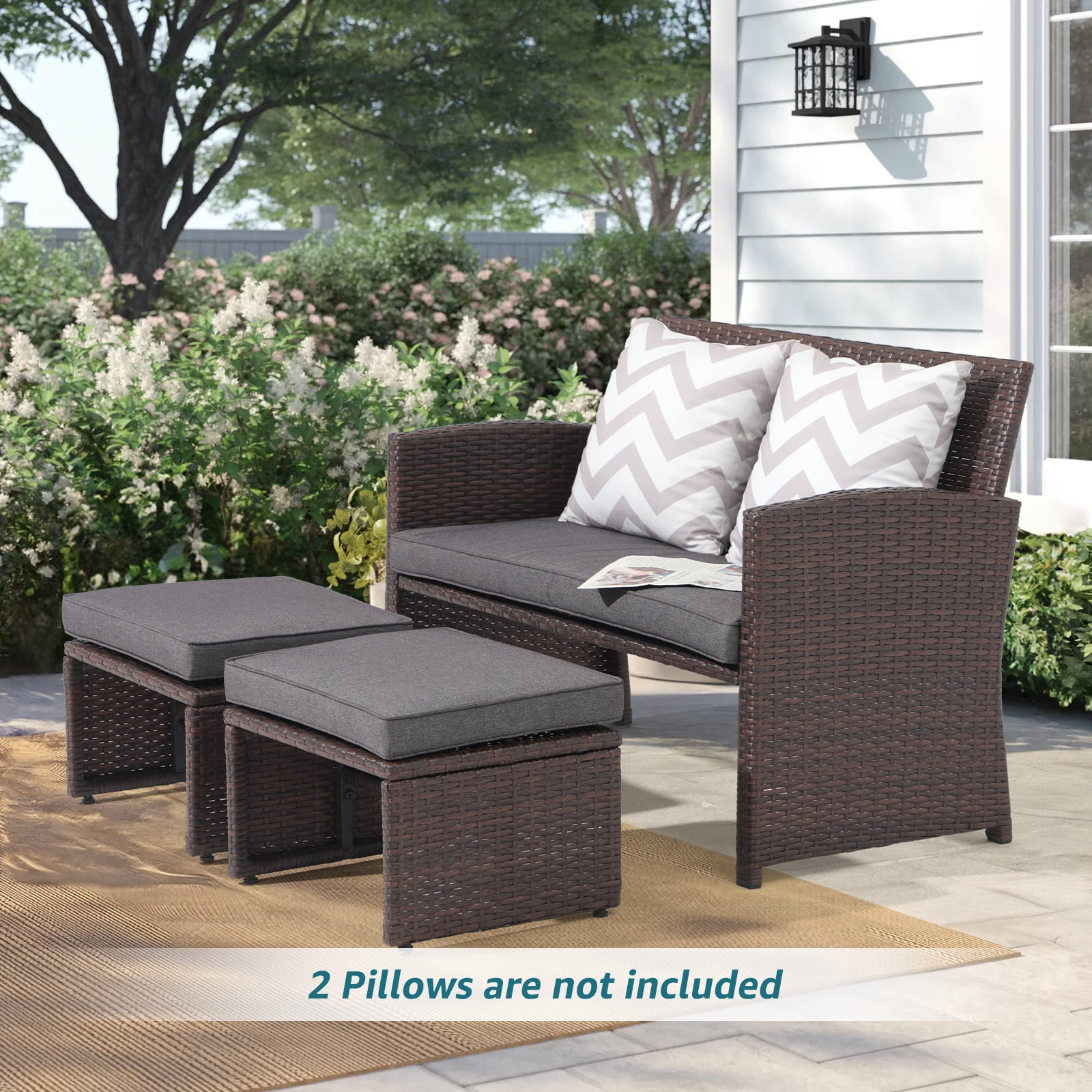 JOIVI 3-Piece Wicker Love Seat and Coffee Table Set, Outdoor Furniture Set with Loveseat and 2 Ottoman, Brown Rattan, Dark Gray Cushion