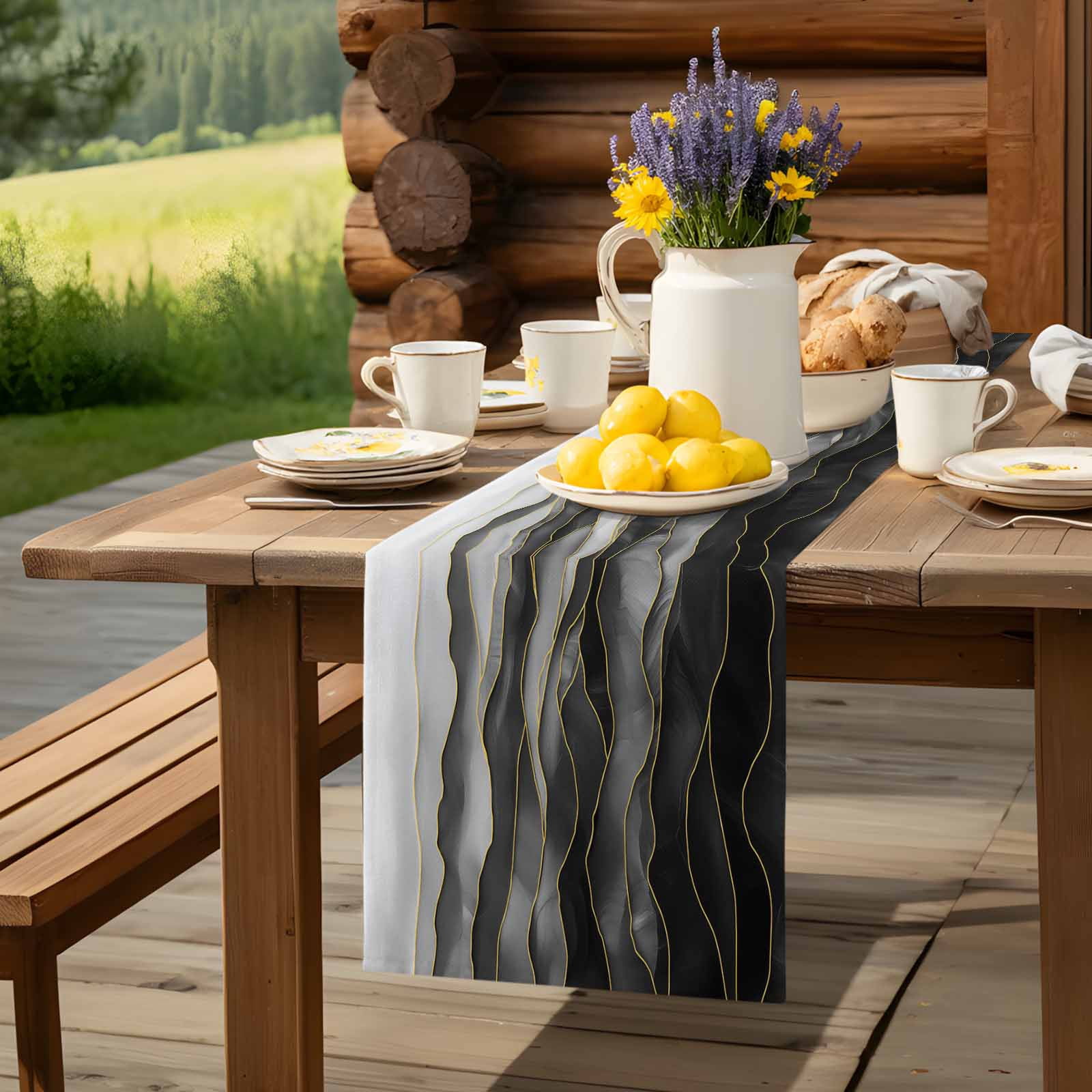 Black Grey Color Gradient Art Table Runner 90 Inches Long, Abstract Ombre with Gold Line Table Runners Tabletop Scarf Kitchen Dining Tables Decoration for Home Party Indoor Outdoor