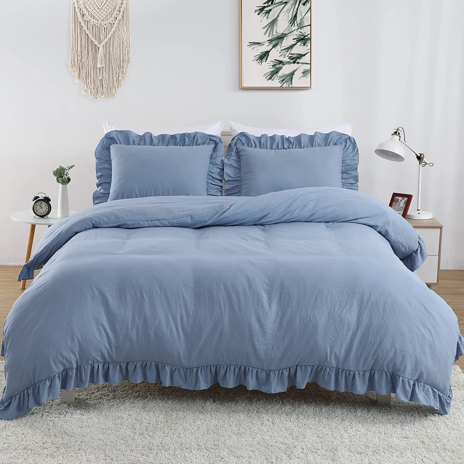 Blue Ruffle Duvet Cover Queen Size, 3PCS Soft Washed Microfiber Vintage