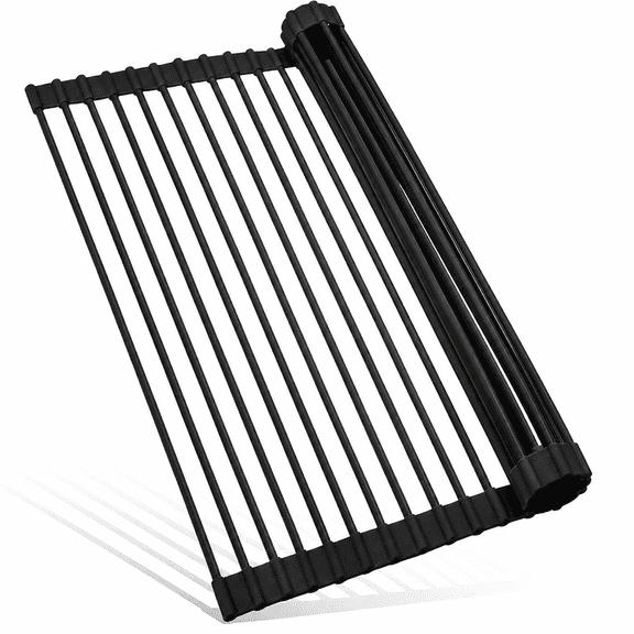 Xuet Roll up Dish Drying Rack, 17.5" x 13" Silicone Wrapped over Sink Mat, Black
