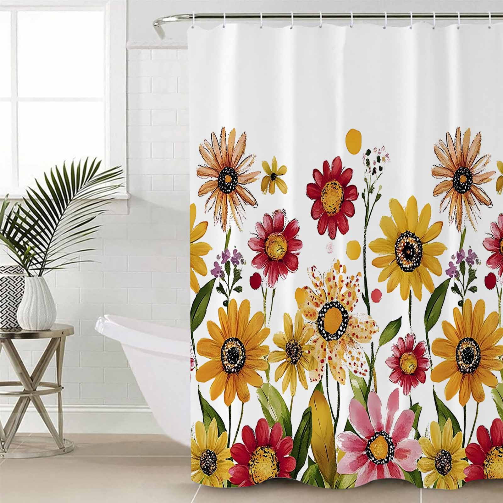 Shower Curtain Bathroom Set Watercolor Sunflower Leaves Plant Waterproof Fabric Shower Curtains with Grommets&Hooks Blossom Floral on White Privacy Bath Curtain for Bathtub 36x72in