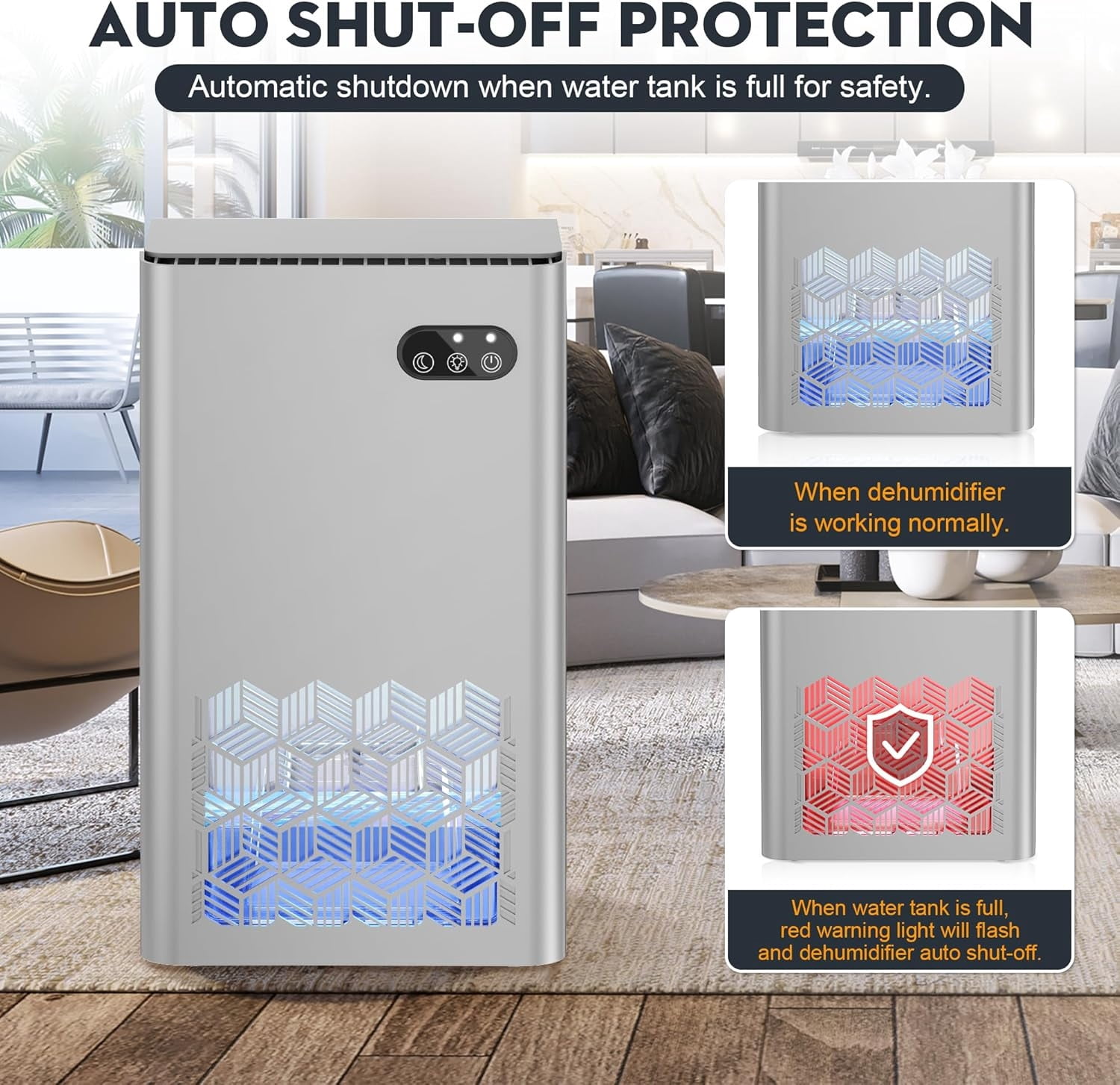 Dehumidifier, 95 OZ Water Tank, 950 sq.ft Dehumidifiers for Home Bedroom Basement Bathroom with Auto Shut Off, 7 Colors LED Light,Silver