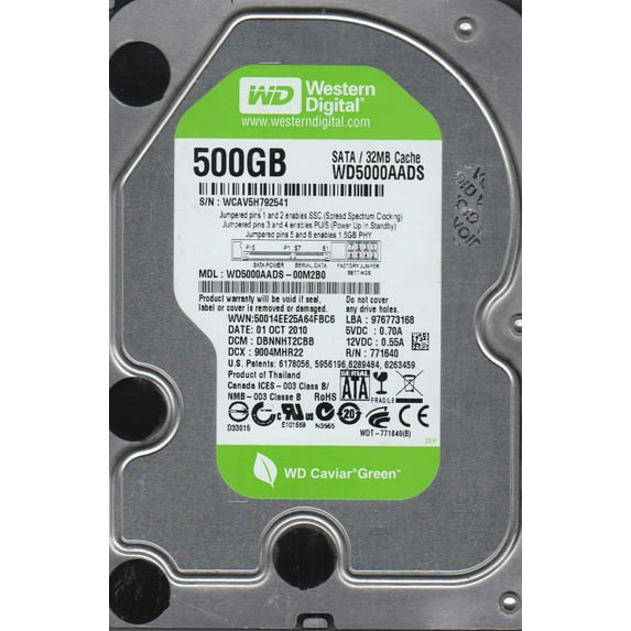 WD5000AADS-00M2B0, DCM DBNNHT2CBB, Western Digital 500GB SATA 3.5 Hard Drive