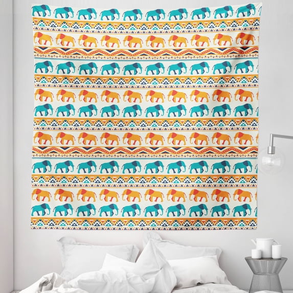 Animal Tapestry, Horizontal Borders with Exotic Animals Geometric Orient Design, Fabric Wall Hanging Decor for Bedroom Living Room Dorm, 5 Sizes, Turquoise Orange Cream, by Ambesonne