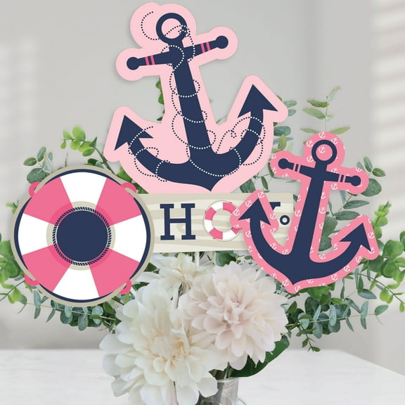 Big Dot of Happiness Ahoy - Nautical Girl - Baby Shower or Birthday Party Centerpiece Sticks - Table Toppers - Set of 15