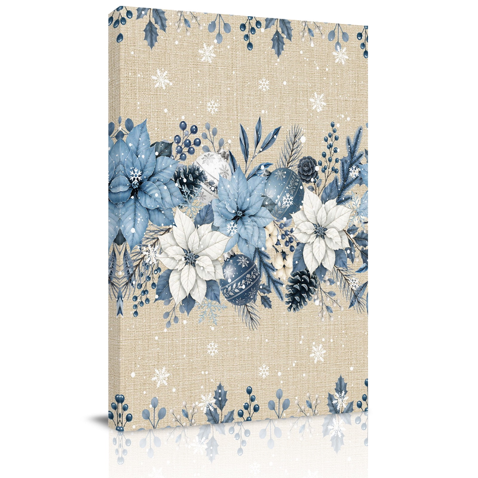 Canvas Wall Art Poinsettia Christmas Framed Canvas Prints for Kitchen Bedroom Navy Blue Xmas Ball Botanical Rustic Small Gallery Wrapped Wall Decor for Home Office Gifts 8 x12 Ship Next Day
