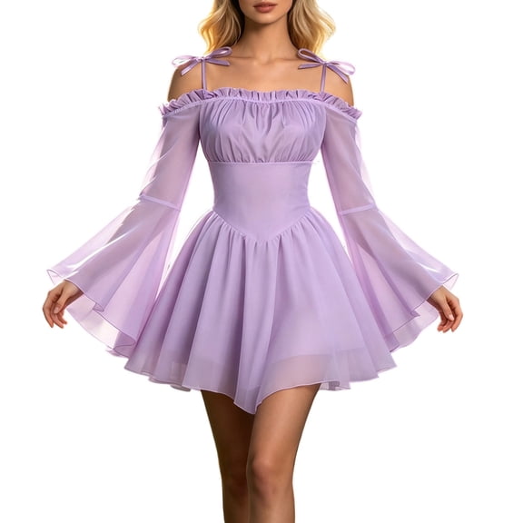 Huowey Women Halloween Costume Fairy Renaissance Elf Dresses Off Shoulder Bohemian Cosplay Party Gown Long Sleeve Spaghetti Strap Eye-Catching Trick Or Treat Dress,Light Purple,XL