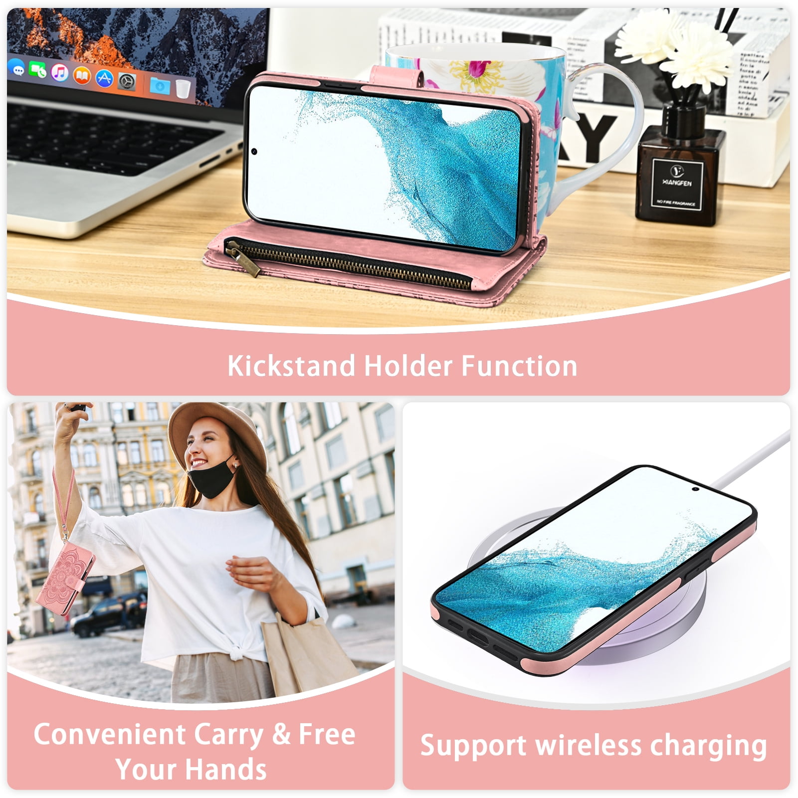 Asuwish Phone Case for Samsung Galaxy S22 5G Zipper Wallet Magnetic Detachable Cell Cover with Tempered Glass Screen Protector Crossbody Strap Flower Card Holder Slot S 22 22S 4G G5 6.1 inch Pink