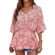 thumbnail image 1 of Mujeres verano Top V cuello impresiones sueltas medias mangas elástico cintura verano camisa Top rojo S, 1 of 8