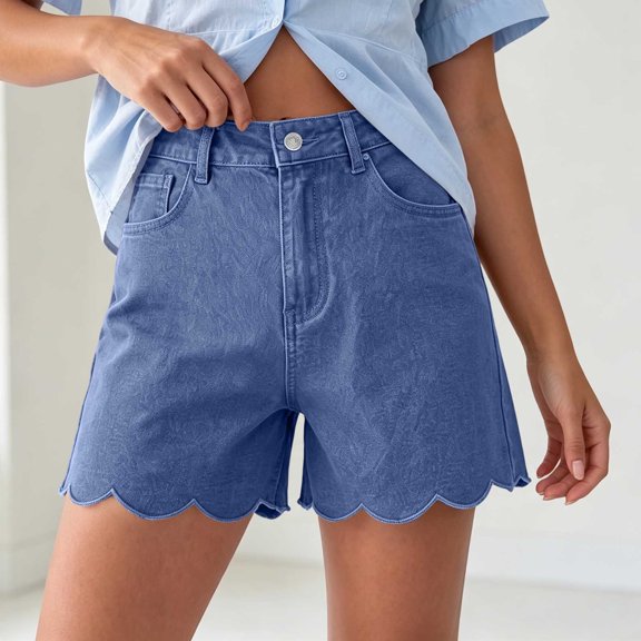 Women's High Waist Scalloped Hem Denim Shorts A-Line Relaxed Fit Shorts for Women Light Blue S