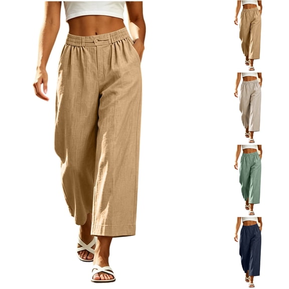 Nugftut Womens Wide Leg Pants Elastic Waisted Cropped Flowy Pants Linen Cotton Blend Casual Trousers with Pockets