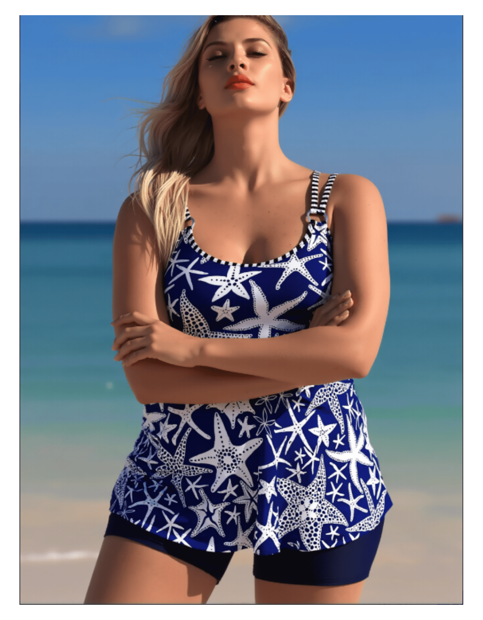 Women's Navy Blue Starfish Print Tankini Swimsuit, Striped Straps Two-Piece with Boyshorts, Sizes XL-XXXXL