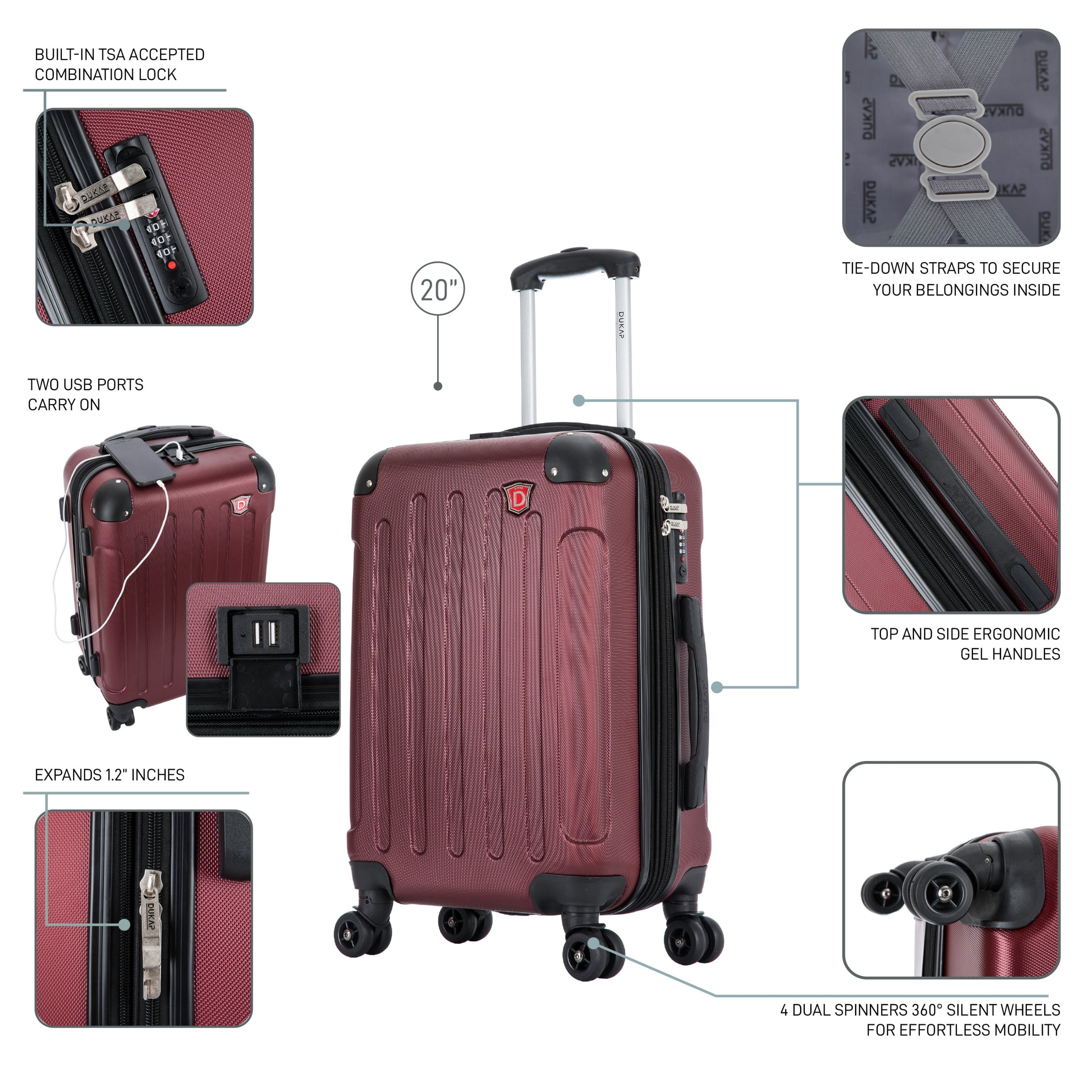 DUKAP Intely 20" Hardside Lightweight Carry-on Luggage with Spinner Wheels and USB Port, Wine