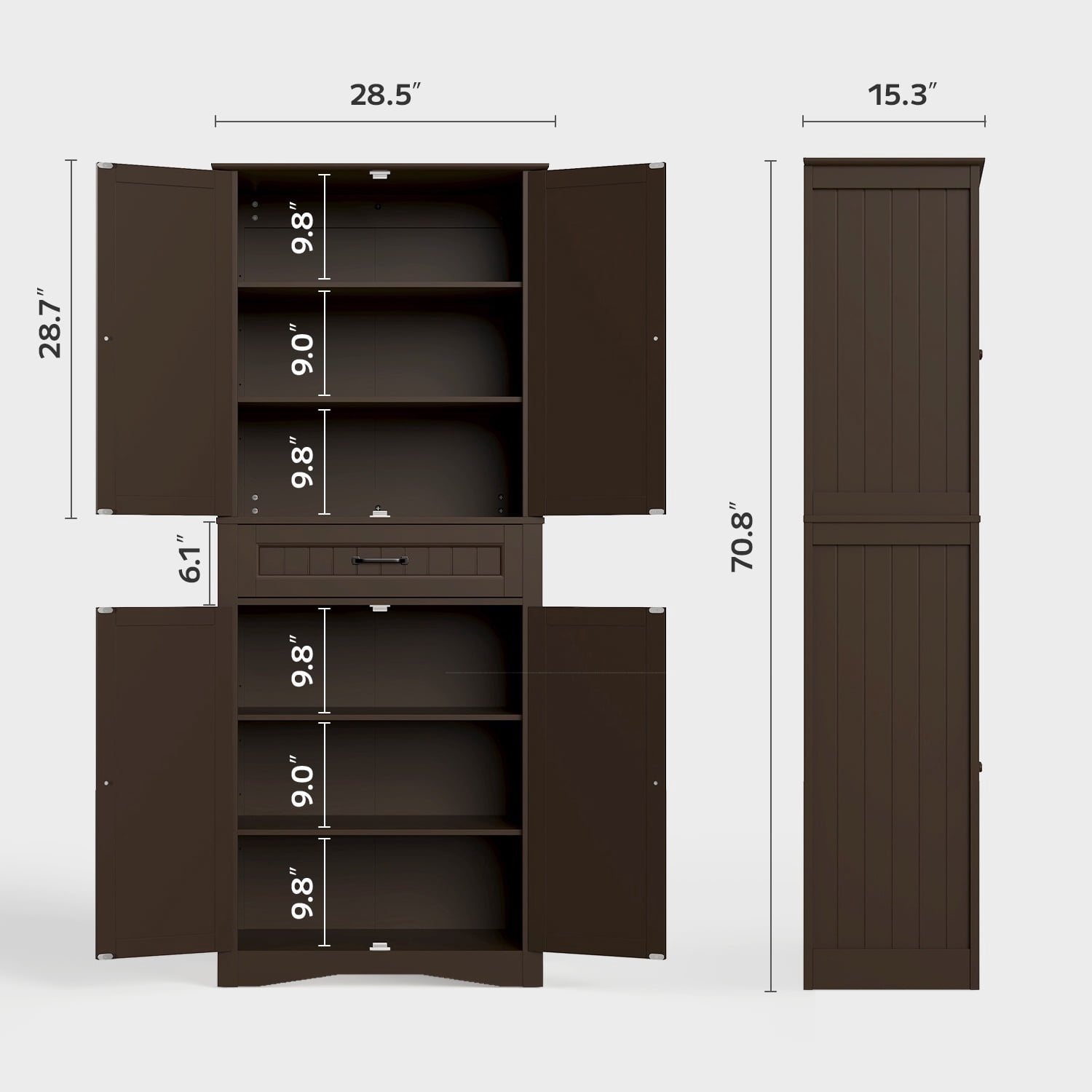 Asofer 71" Modern Pantry Storage Cabinet with Doors and Adjustable Shelves for Kitchen, Living Room, Dark Brown