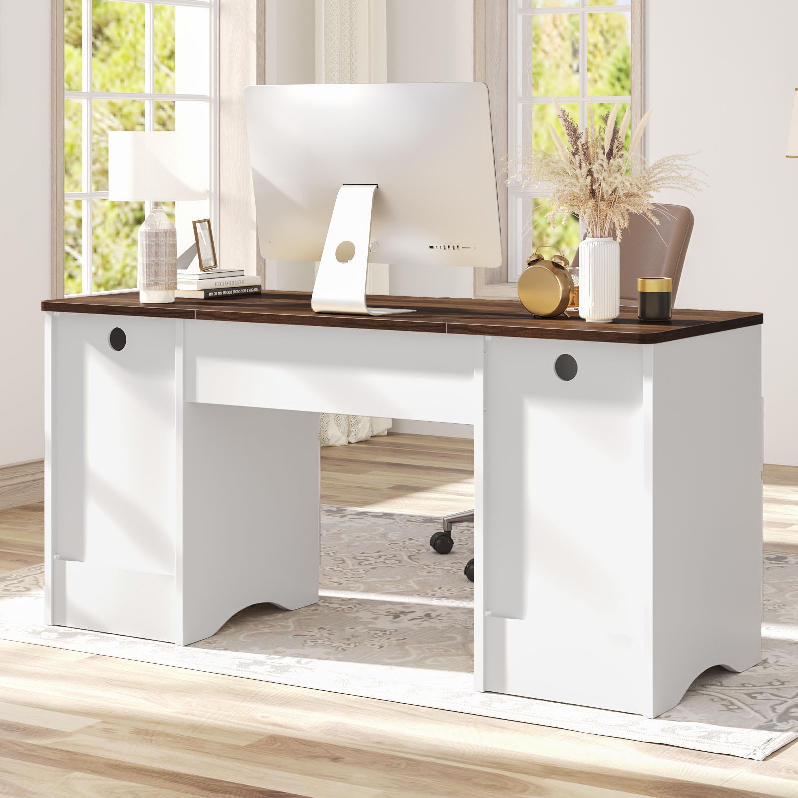 Bestier 59" Home Office Computer Desk with Keyboard Tray and Storage Drawers, Modern Executive Desk for Writing Reading, Walnut and White