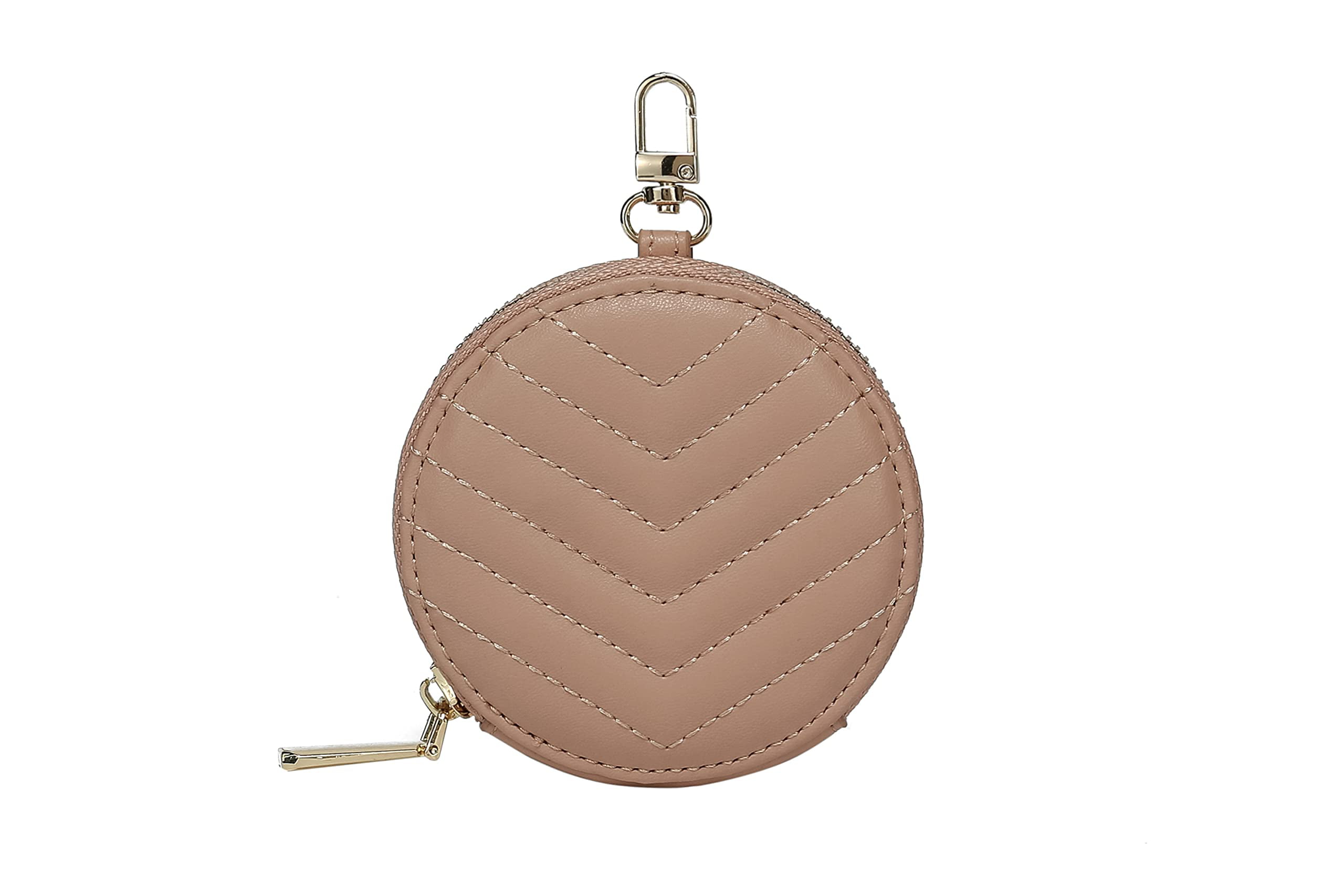 Daisy Rose Round Quilted Chevron Coin Purse Pouch Change Wallet Holder with clasp - PU Vegan Leather - Beige