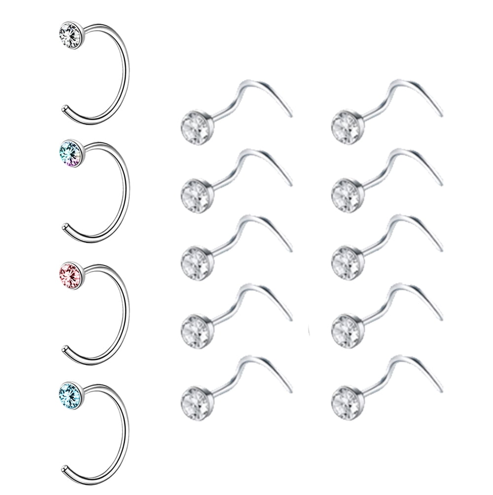 ZS 14Pcs/Set 20g C Shaped Nose Ring Piercing Round Zirconia Nostril Piercing Nose Bone/L Shaped