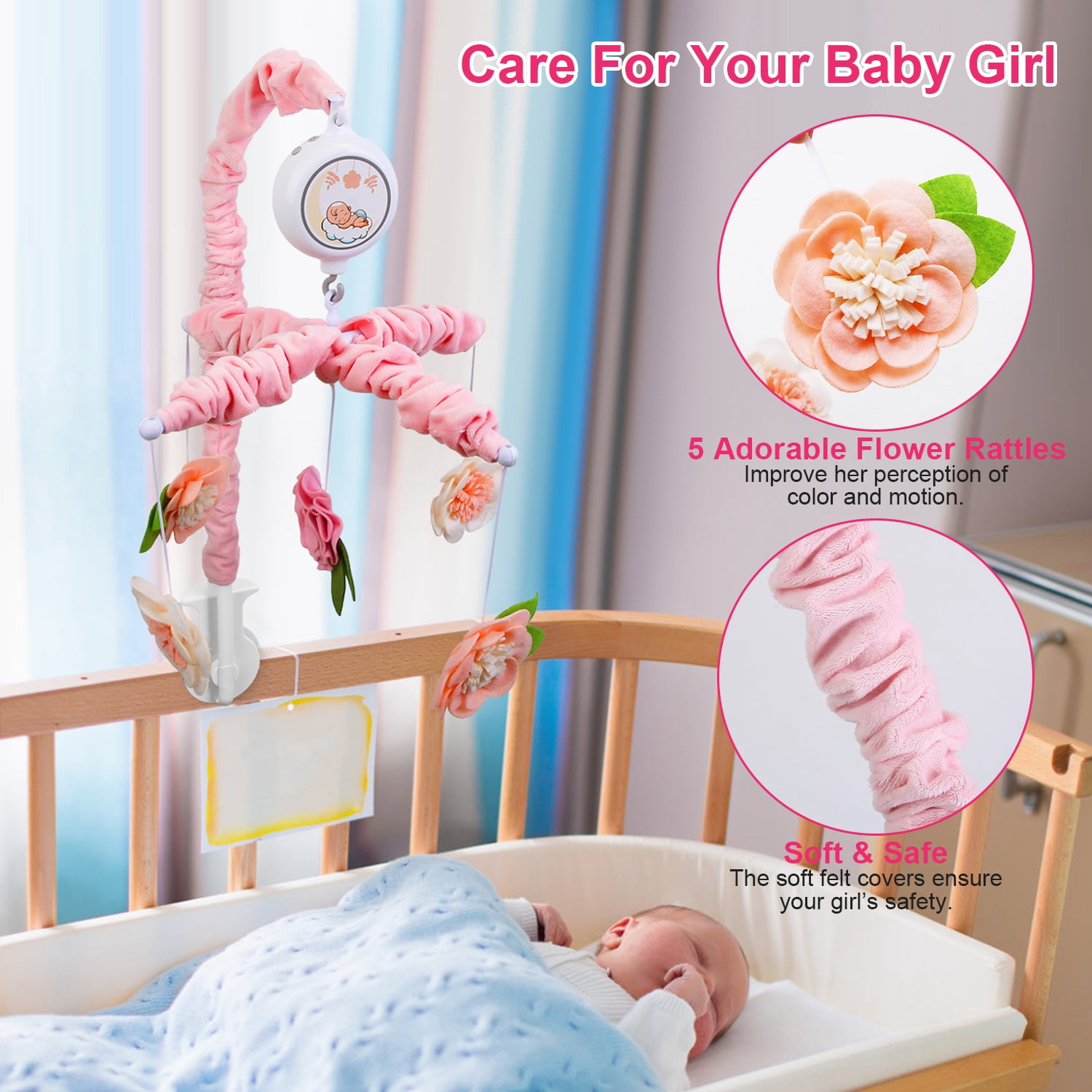 Baby Mobile for Crib TeqHome Pink Floral Musical Crib Mobile for Baby Girls Digital Music Box with 12 Melodies 3 Modes