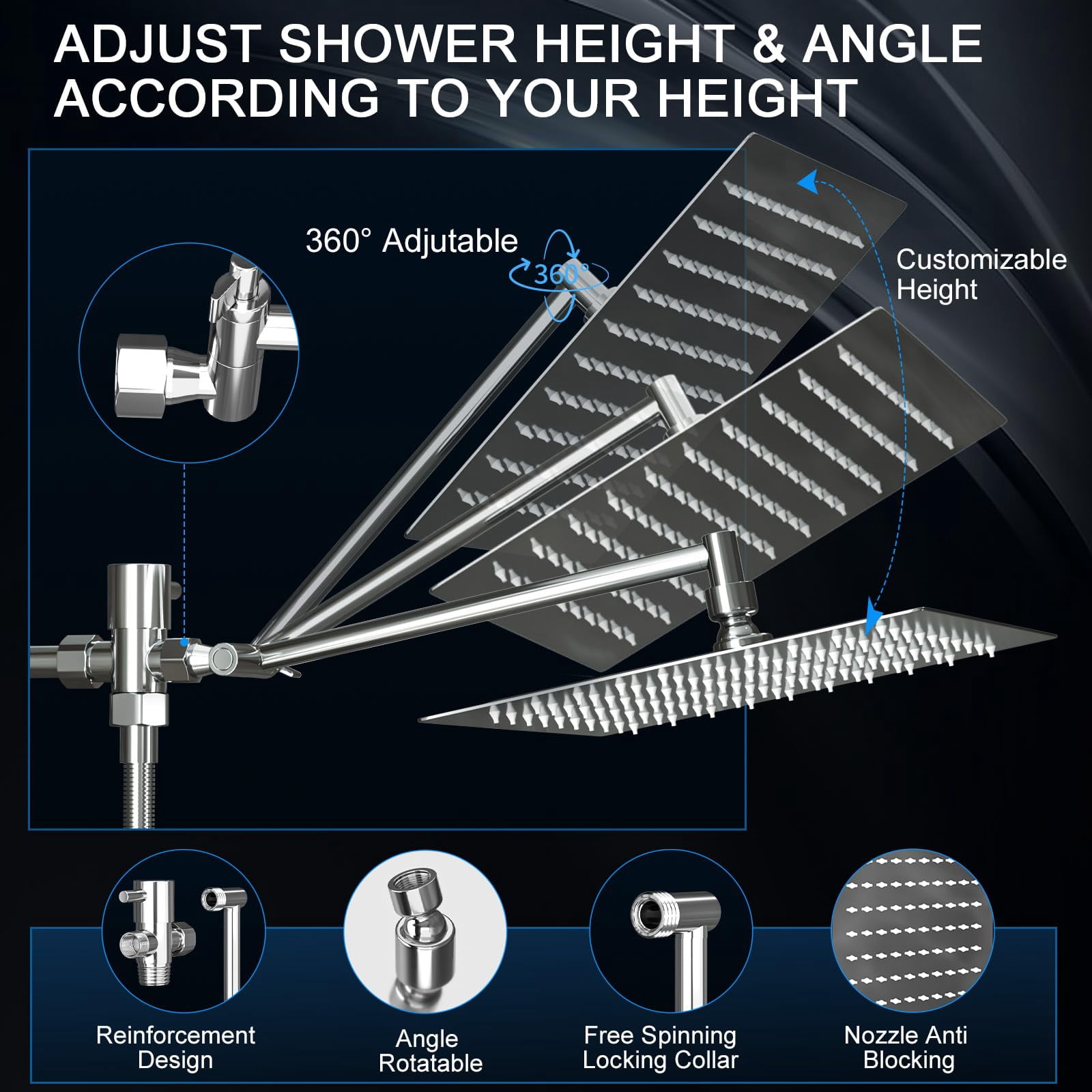 Shower Head  Rain With Handheld Spray Combo 10 Inch Adjustable High Rainfall Dual Showerhead Set Extension Arm And 60 Long Hose (silver)