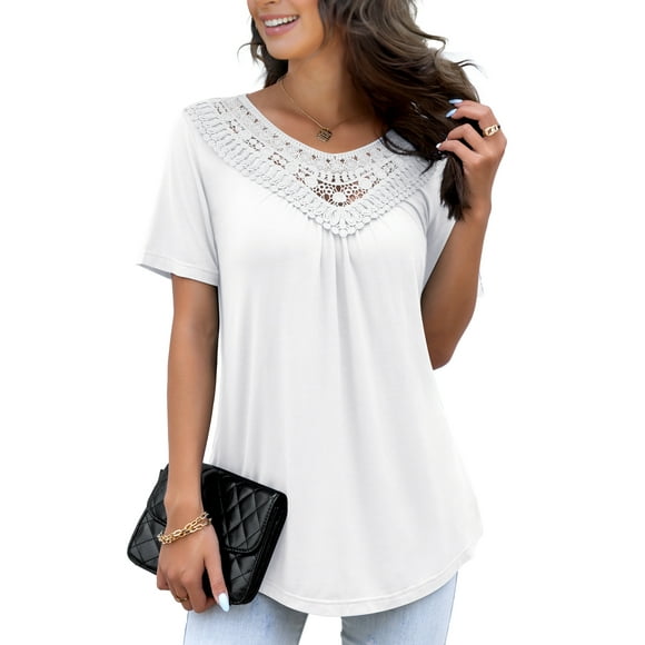 FOLUNSI Women's Plus Size Summer Tops Short Sleeve Lace Pleated Blouses Tunic Tops M-4XL