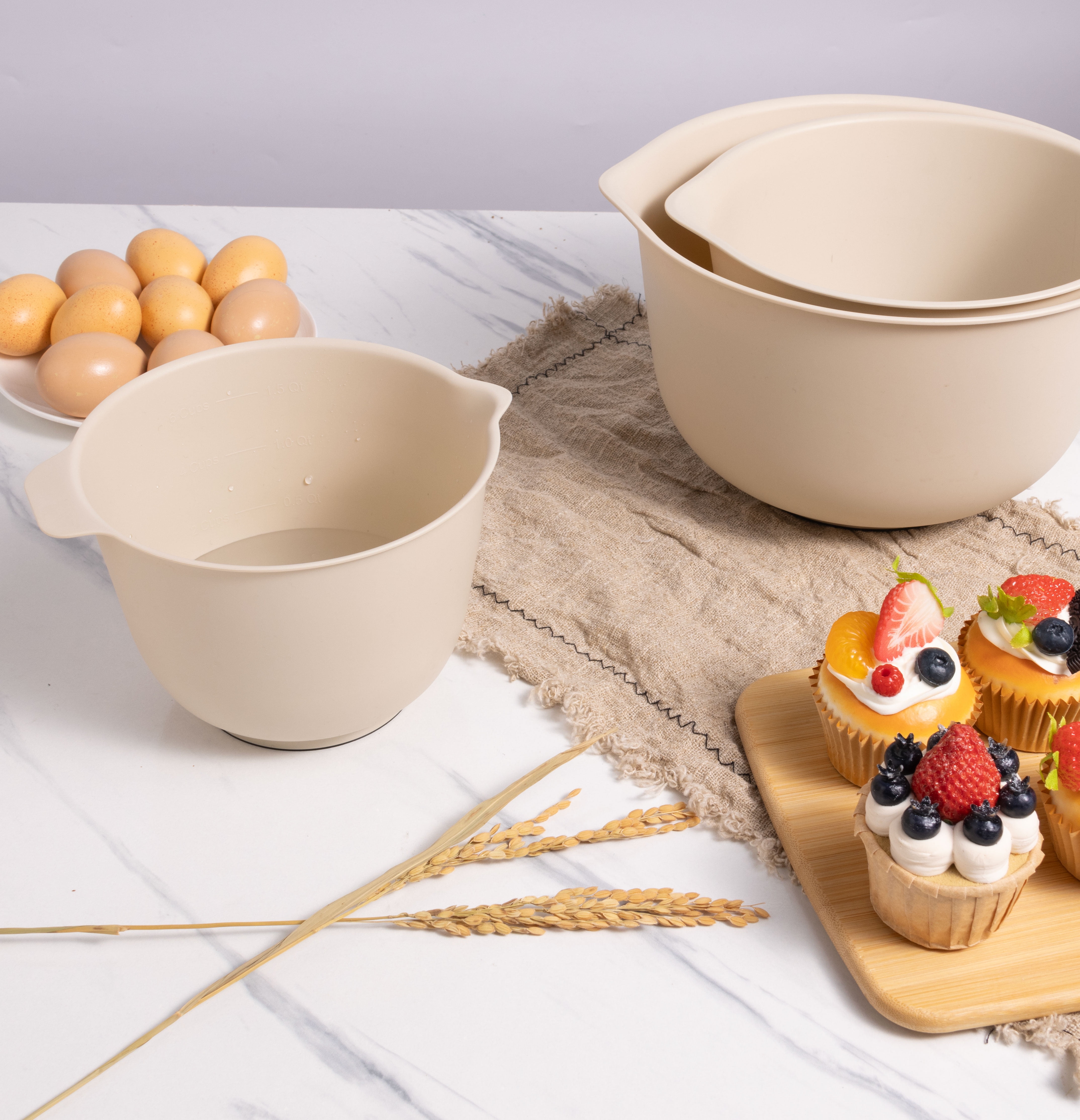 Mainstays 3 Pieces of Mixing Bowl Set, 50% RPP, Recycled Material, 11.81 in, Papyrus Beige