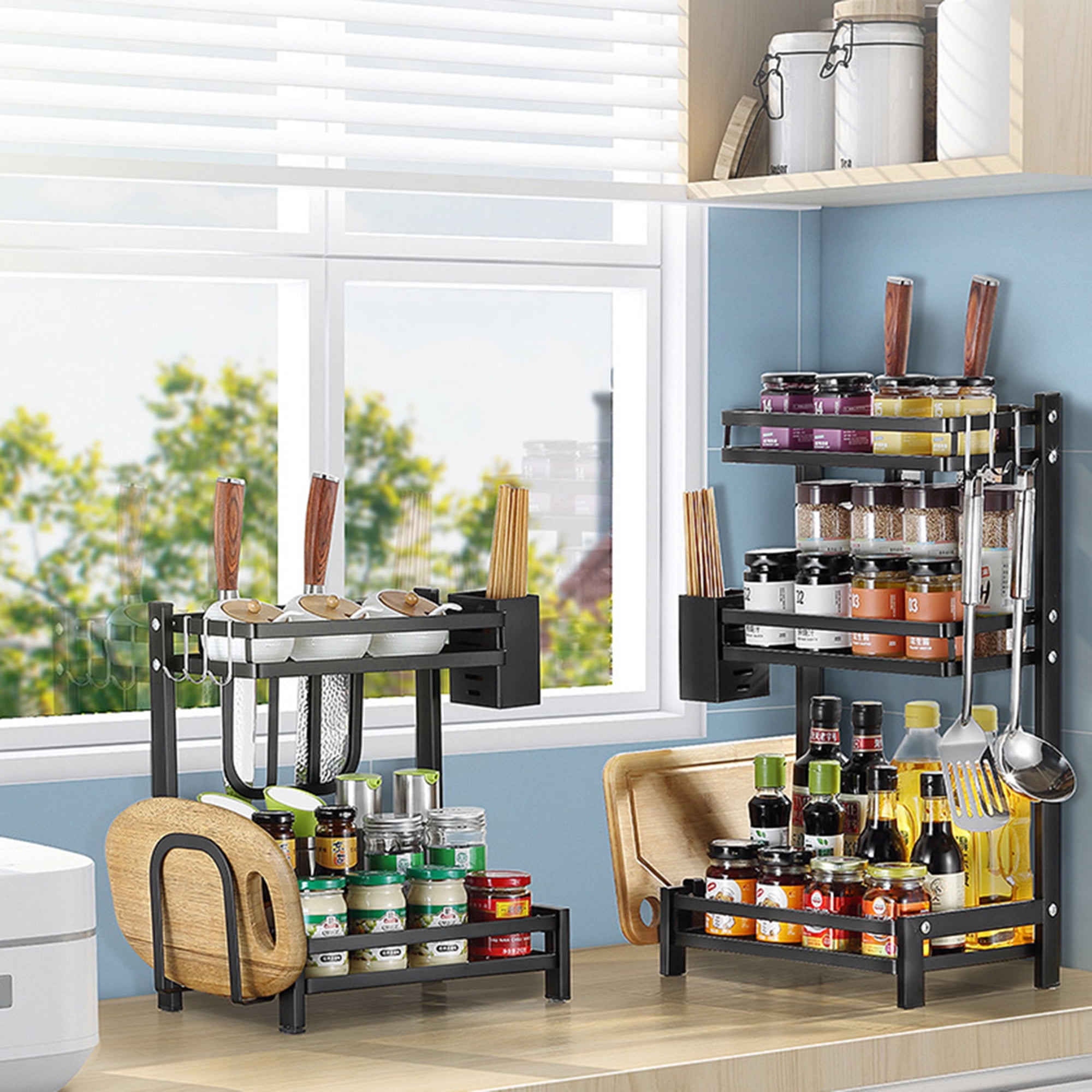 3 Tier Stainless Steel Kitchen Spice Rack Countertop Standing Corner Shelf Seasoning  Organizer Jars Bottle Storage