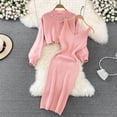 thumbnail image 2 of Women's 2 Piece Sweater Dress Set Ribbed Knit Crop Tops and Bodycon Dresses Outfits Long Sleeve Casual Sweaters Sets Pink One Size, 2 of 6
