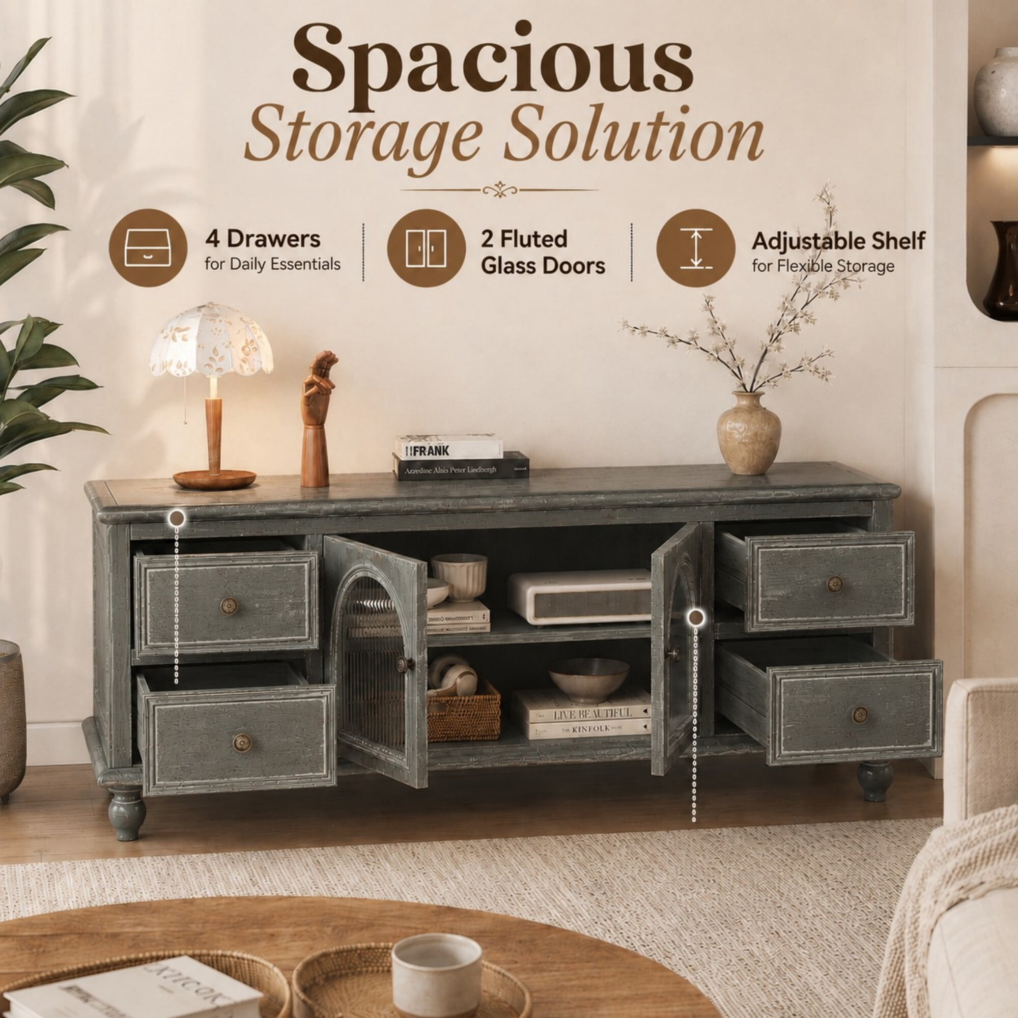 DEALTOPS 60 Inch Farmhouse TV Stand with 4 Drawers & 2 Glass Doors, Rustic Media Console – Weathered Oak