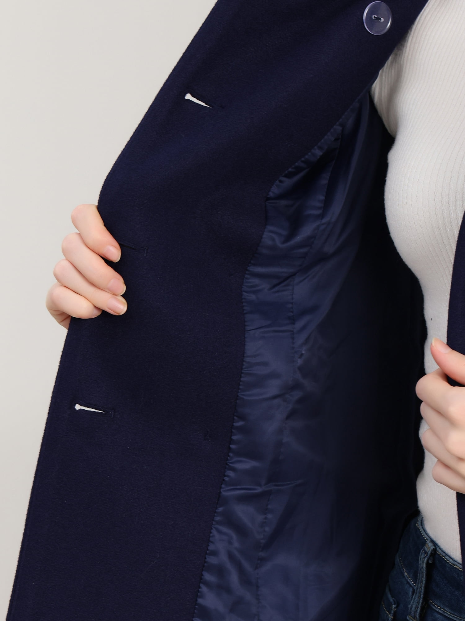 Unique Bargains Women's Peter Pan Collar Double Breasted Winter Trench Coat S Navy Blue
