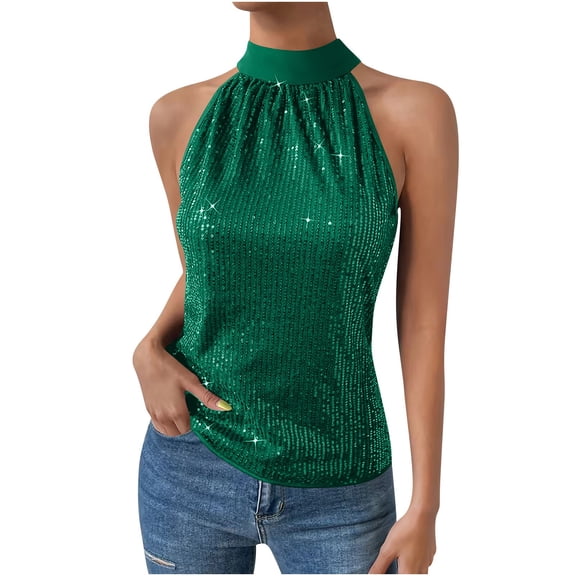 Fengactive Sequined Tops for Women Sparkle Tank Top Halter Neck Loose Fit Cocktail Shirts Elegant Shimmer Party Club Tunic