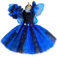 thumbnail image 3 of Vestido de tul de hada azul y negro brillante para niñas, vestido de fiesta de cumpleaños, vestido de princesa con flores de tul, disfraz de Halloween para niños, conjunto de alas, 3 of 5