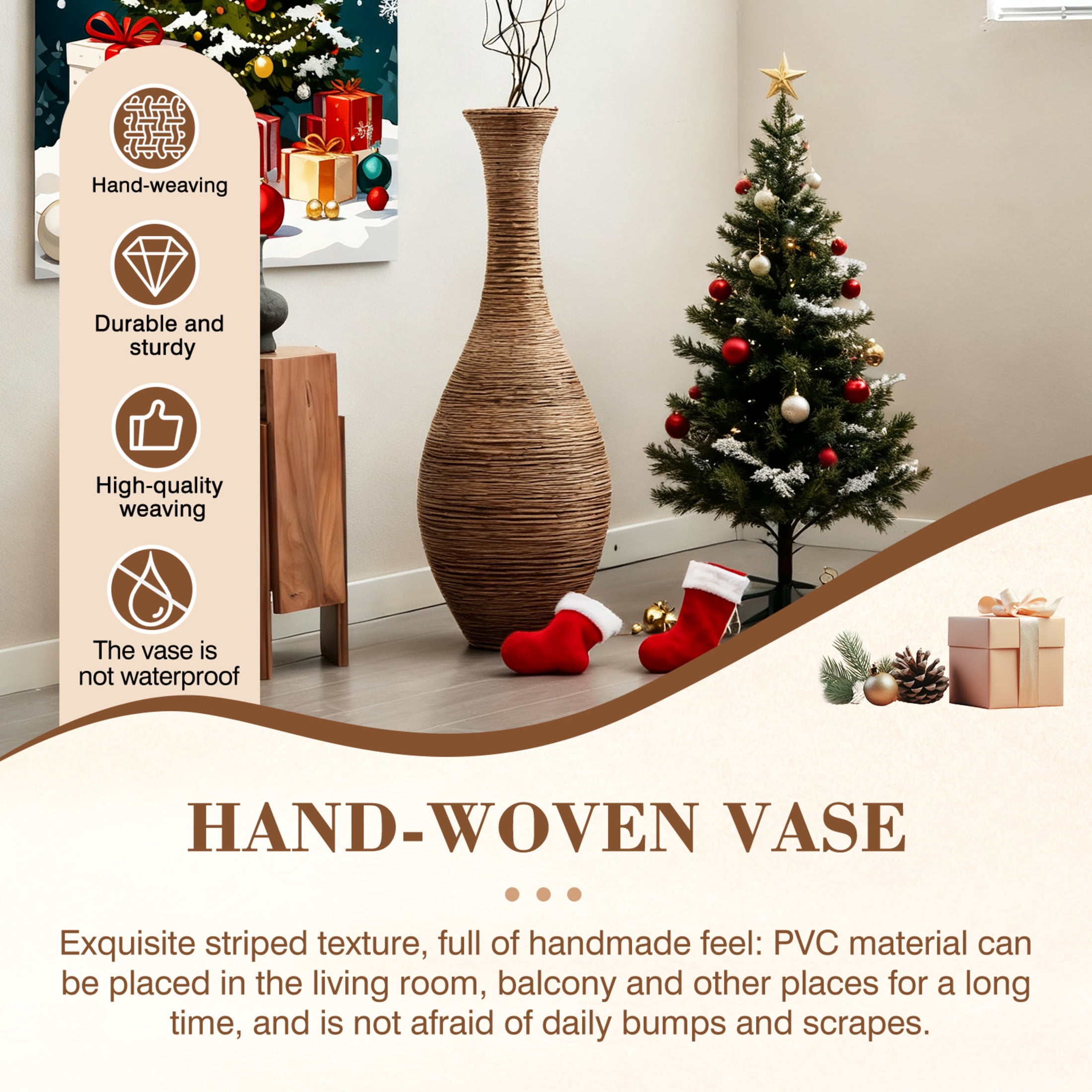 Noble House 39.37" Tall PVC Rattan-Look Floor Vase, Hand-Woven Decorative Vase for Home Decor, Beige+Gray
